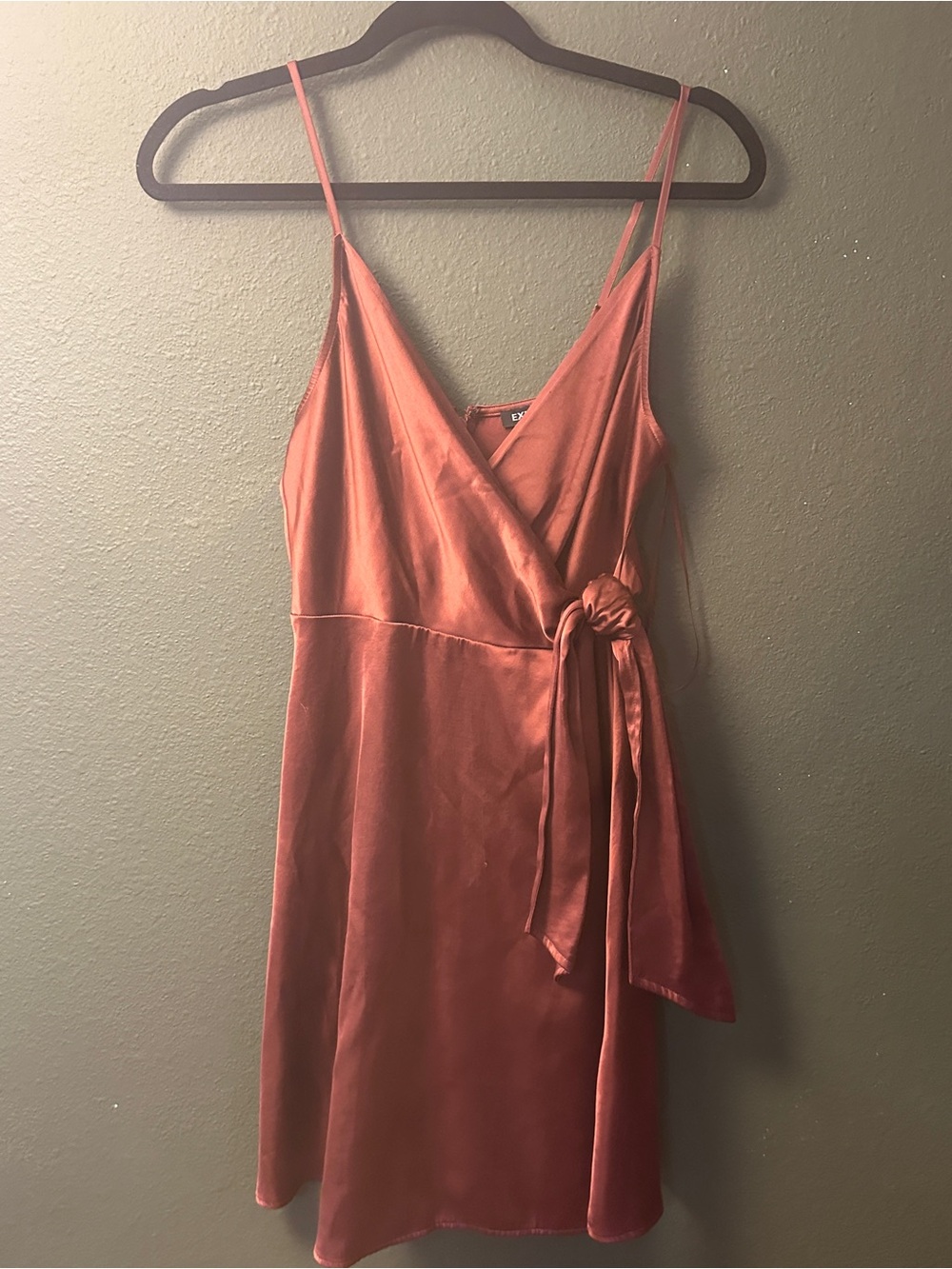 Express Satin Wrap Mini Dress in Coral